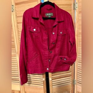 Eddie Bauer Burgundy Button Down Linen Jean Style Jacket Sz Large Petite NWT